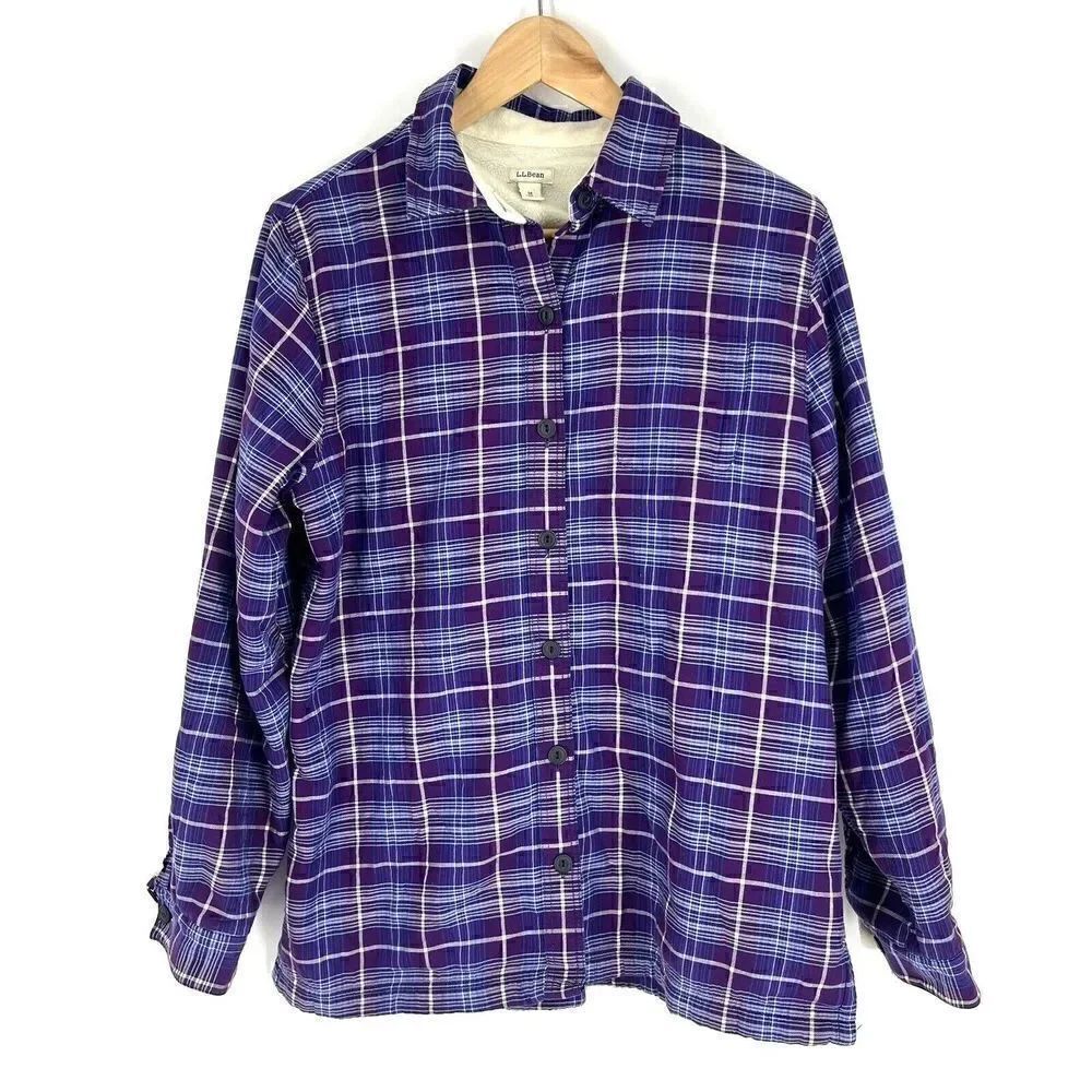 LL Bean Shirt Jacket Size Medium Womens Purple Fleece Lined Flannel Button Up